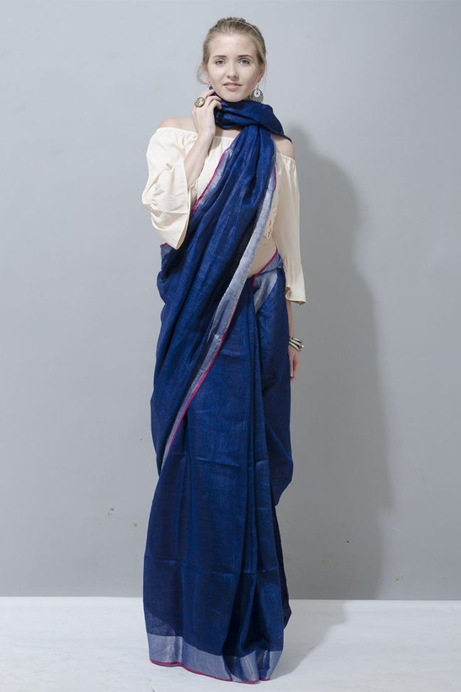 blue handloom woven pure linen saree - linenworldonline.in