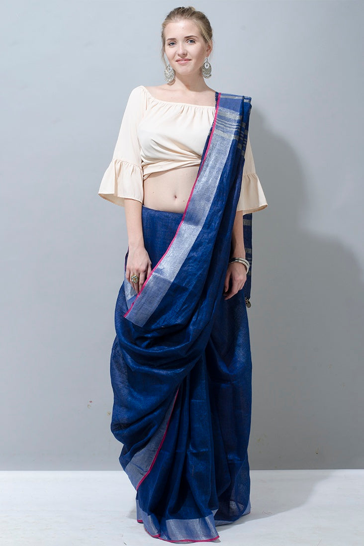 blue handloom woven pure linen saree - linenworldonline.in
