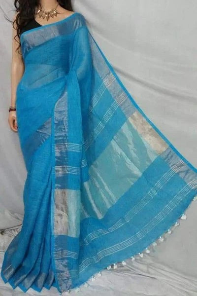 blue handloom woven pure linen saree - linenworldonline.in