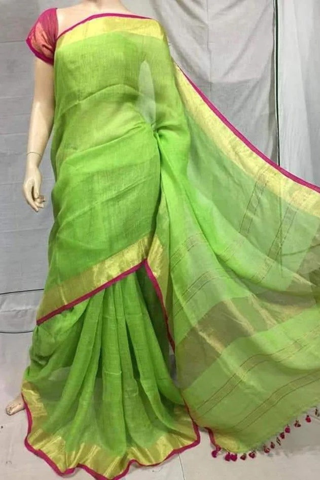 green handloom pure linen saree - linenworldonline.in
