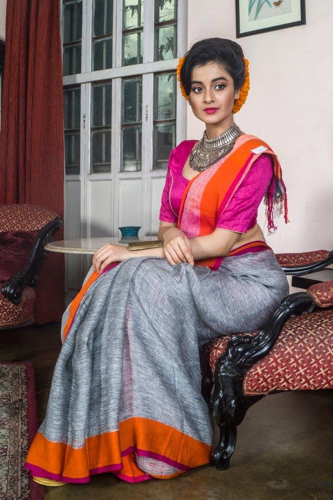 ganga yamuna grey handloom linen saree - linenworldonline.in