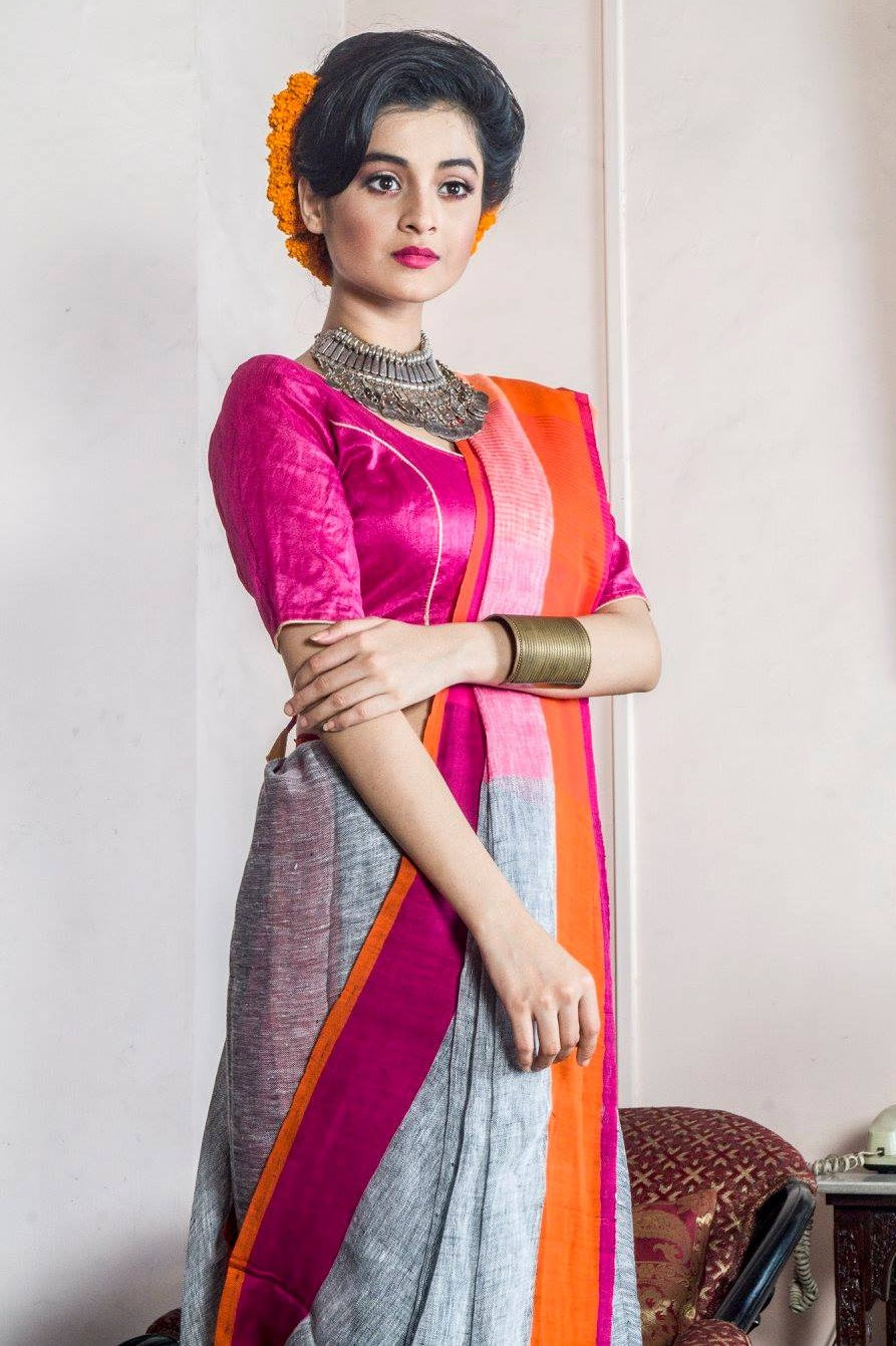 ganga yamuna grey handloom linen saree - linenworldonline.in