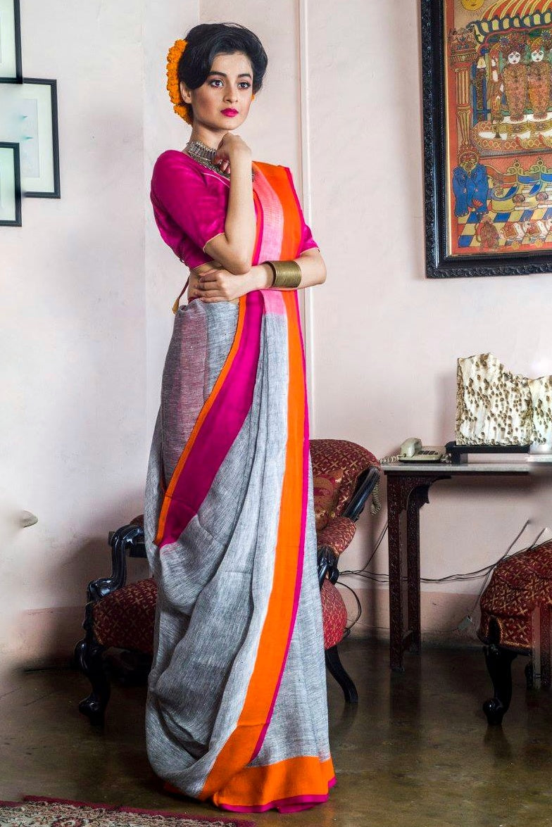 ganga yamuna grey handloom linen saree - linenworldonline.in