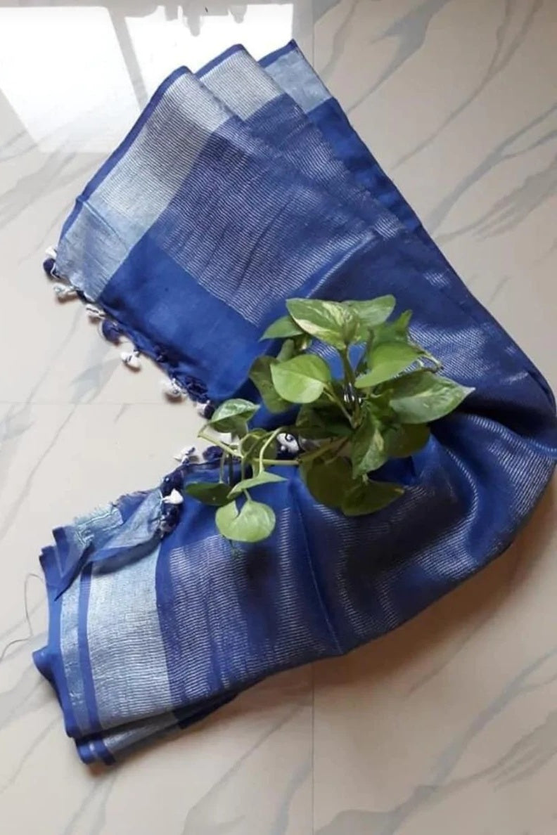 blue handloom pure linen saree - linenworldonline.in
