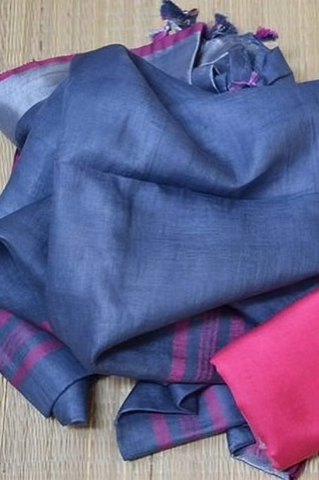 blue grey handloom pure linen saree - linenworldonline.in