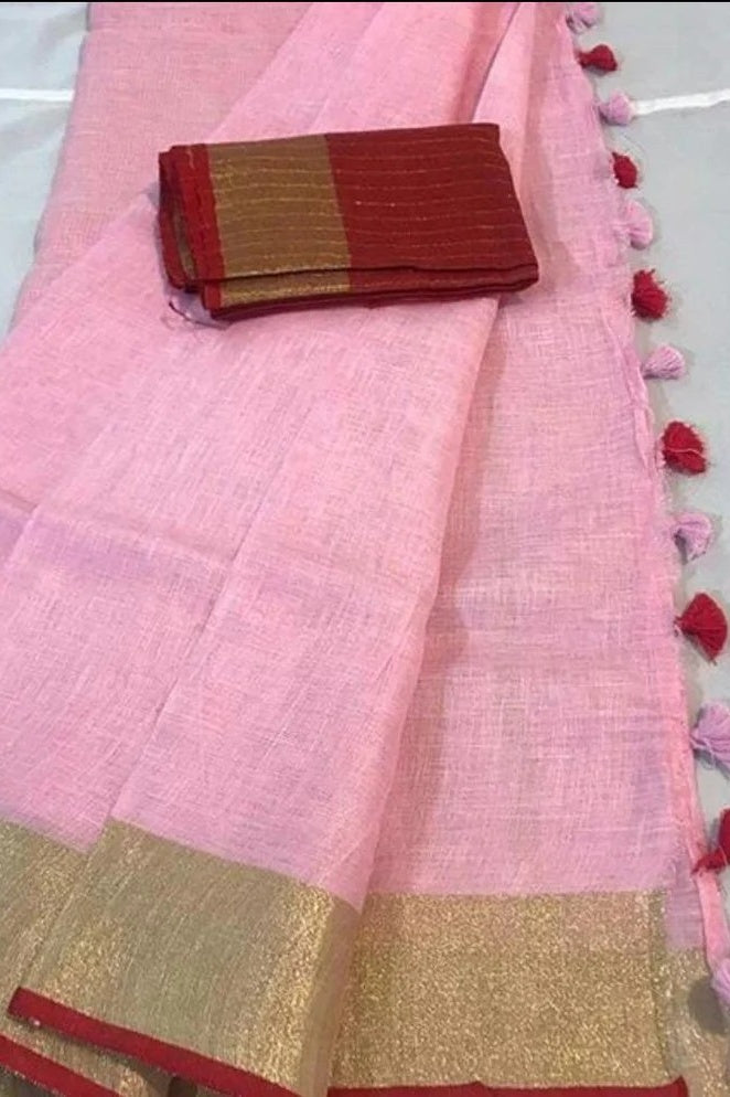 pink handloom pure linen saree - linenworldonline.in