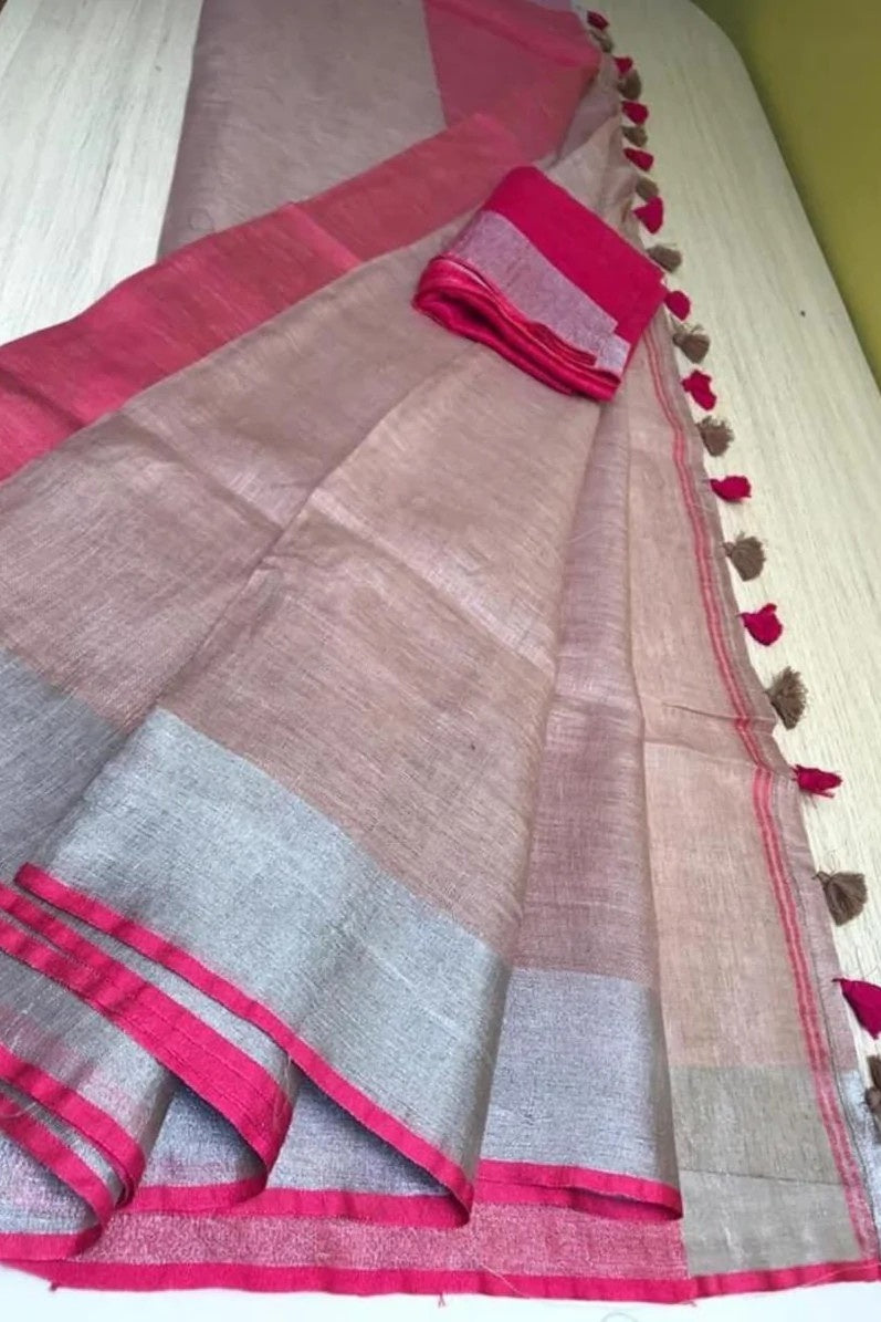 peach handloom pure linen saree - linenworldonline.in