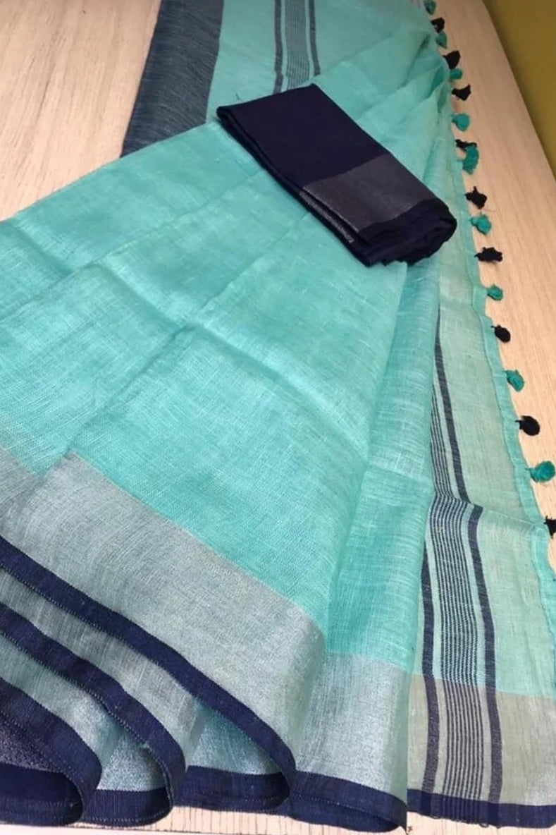 aqua blue handloom pure linen saree - linenworldonline.in