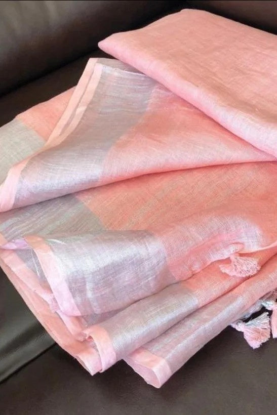 peach handloom pure linen saree - linenworldonline.in