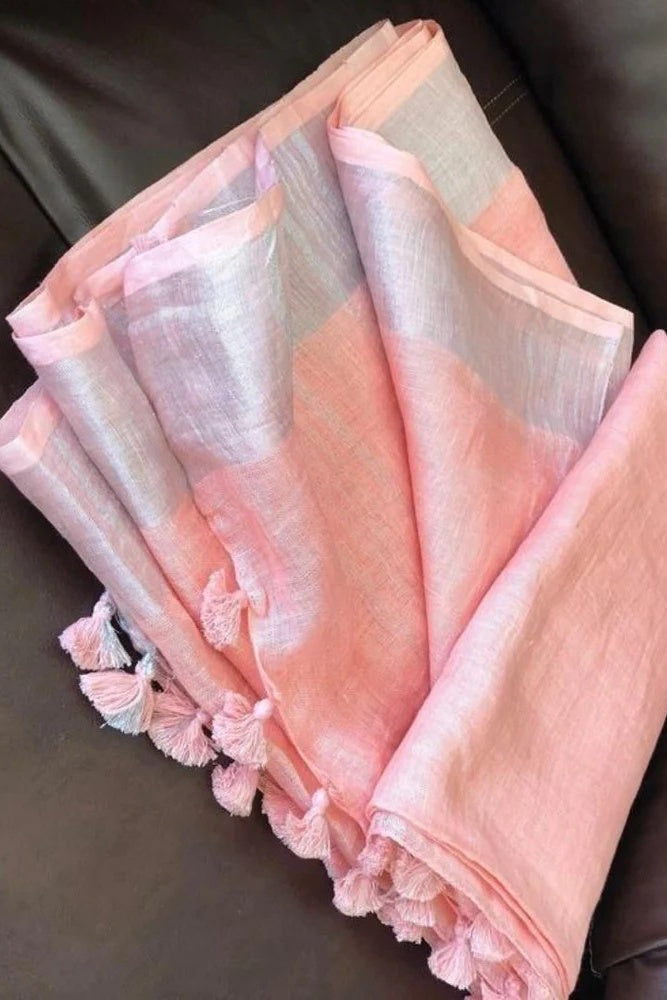 peach handloom pure linen saree - linenworldonline.in