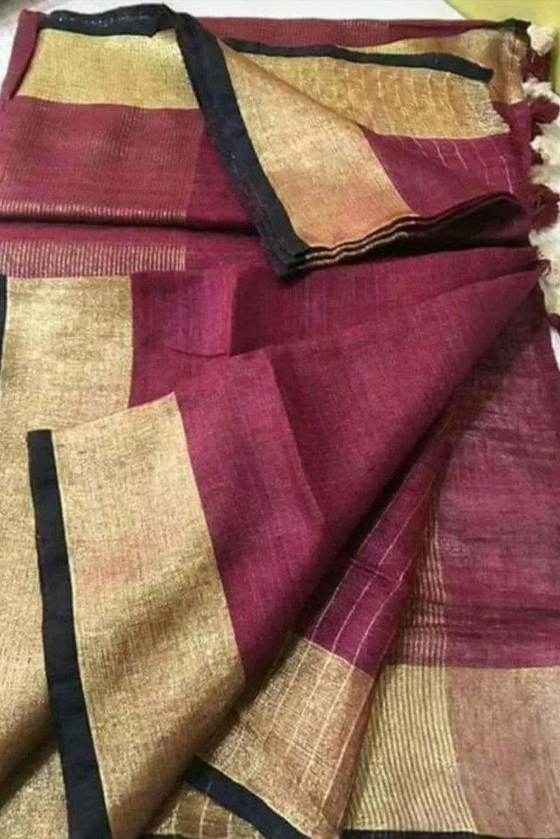 maroon handloom pure linen saree - linenworldonline.in