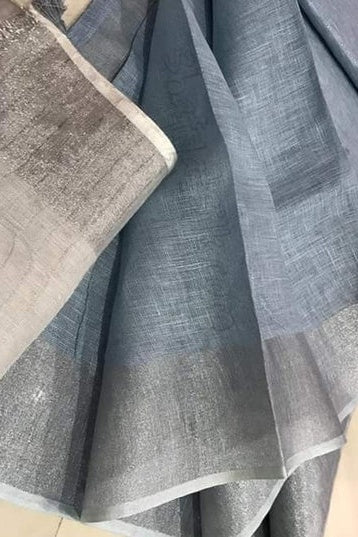 blue handloom pure linen saree - linenworldonline.in