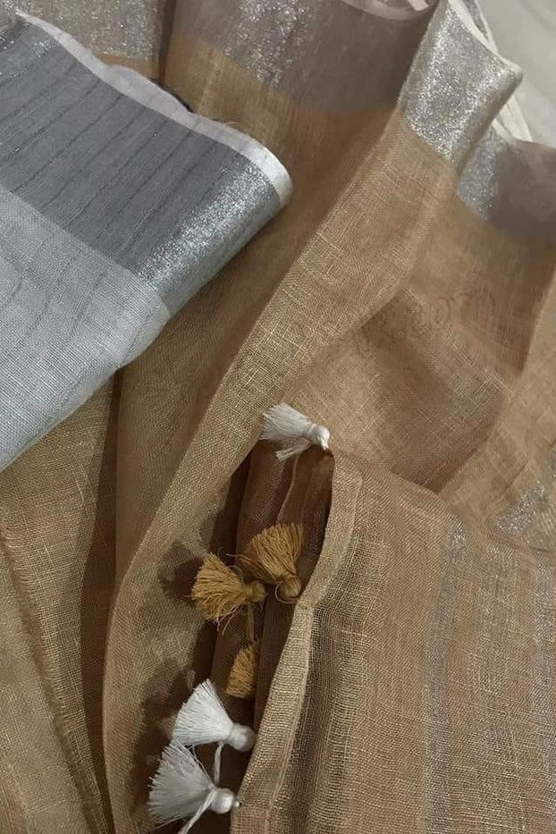 light brown handloom pure linen saree - linenworldonline.in