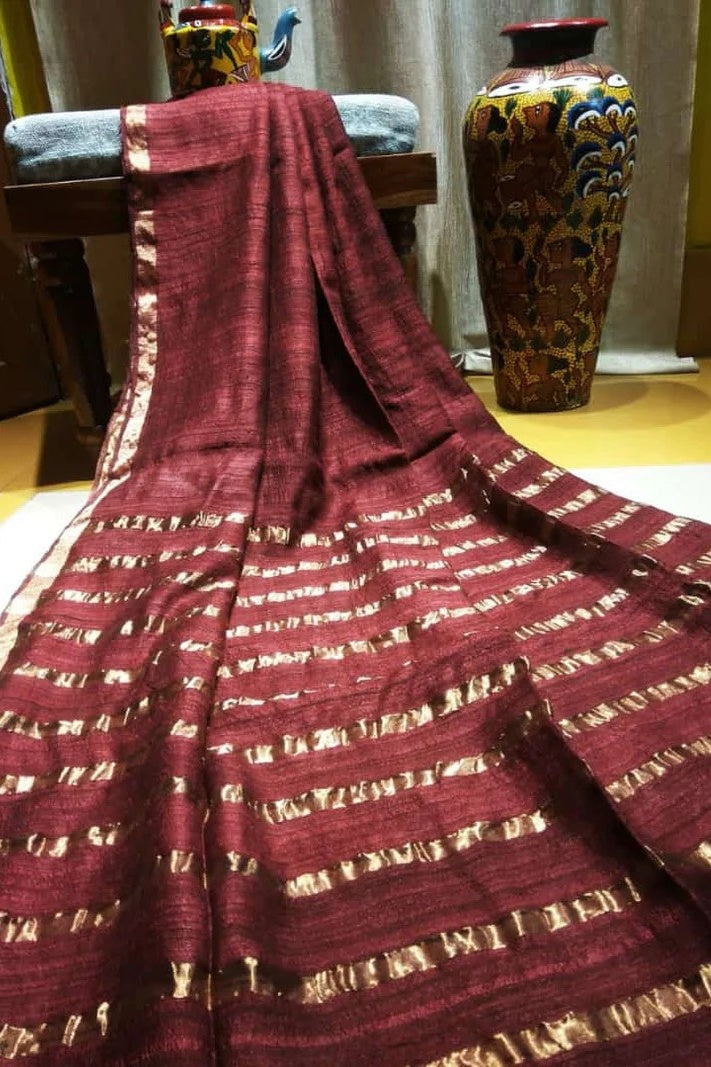 garnet tussar ghicha handloom saree - linenworldonline.in
