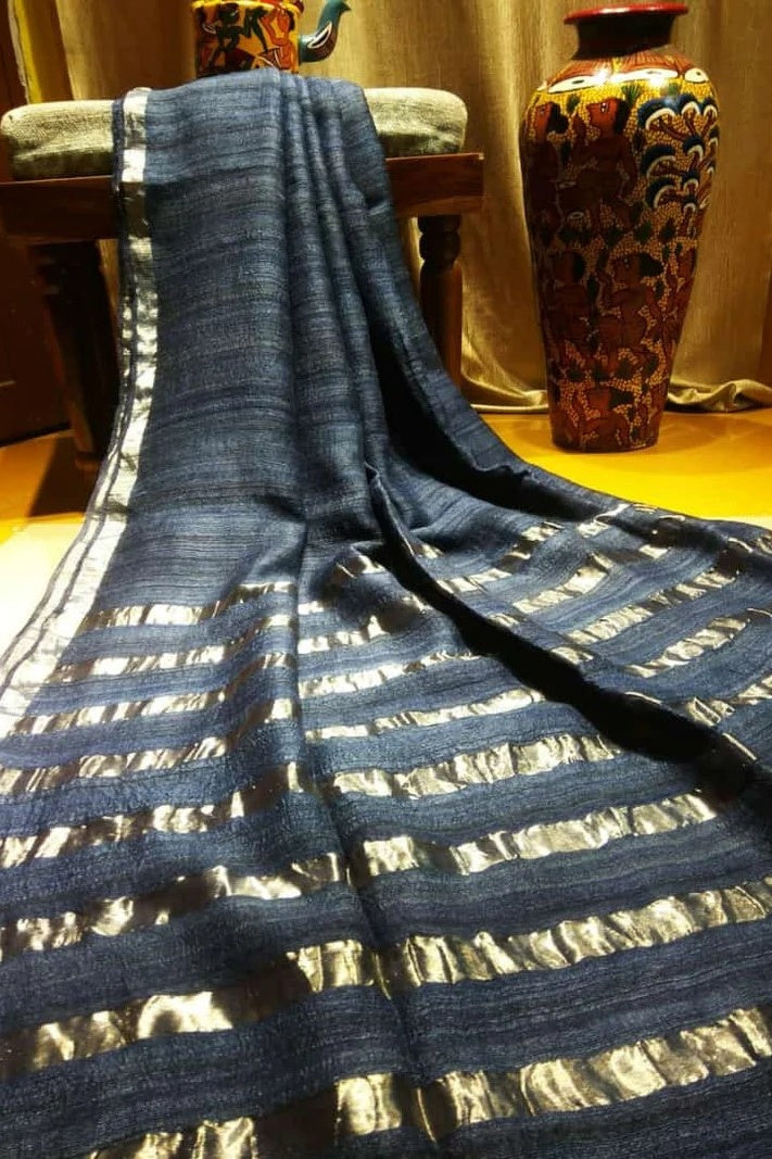 charcoal grey bhagalpur tussar ghicha pure silk saree - linenworldonline.in
