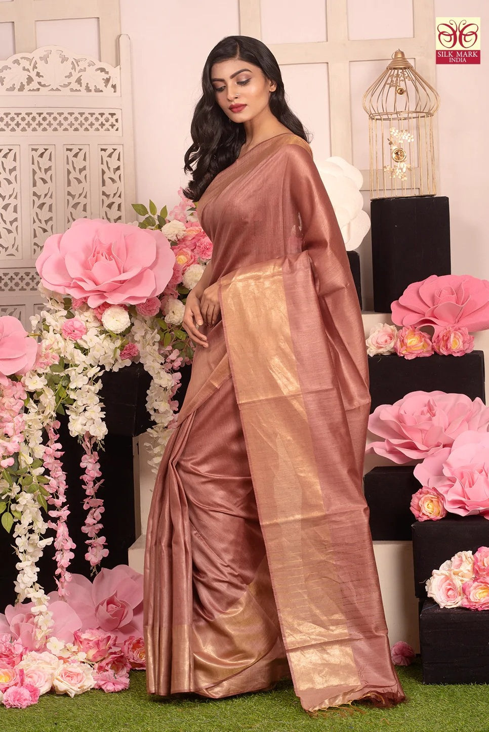 dusty pink handwoven tussar muga silk saree - linenworldonline.in