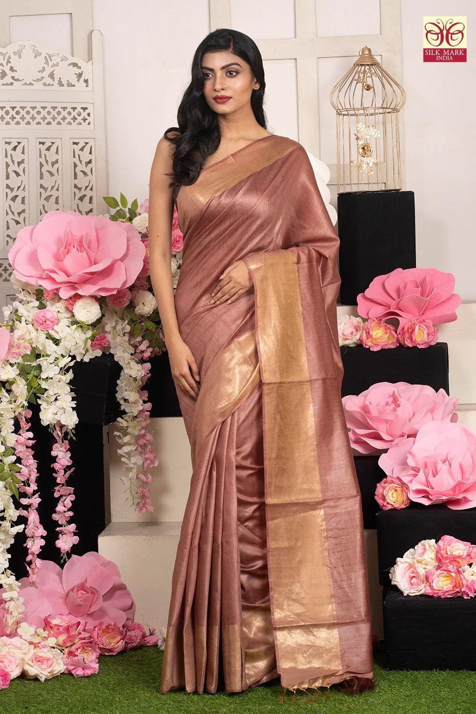 dusty pink handwoven tussar muga silk saree - linenworldonline.in