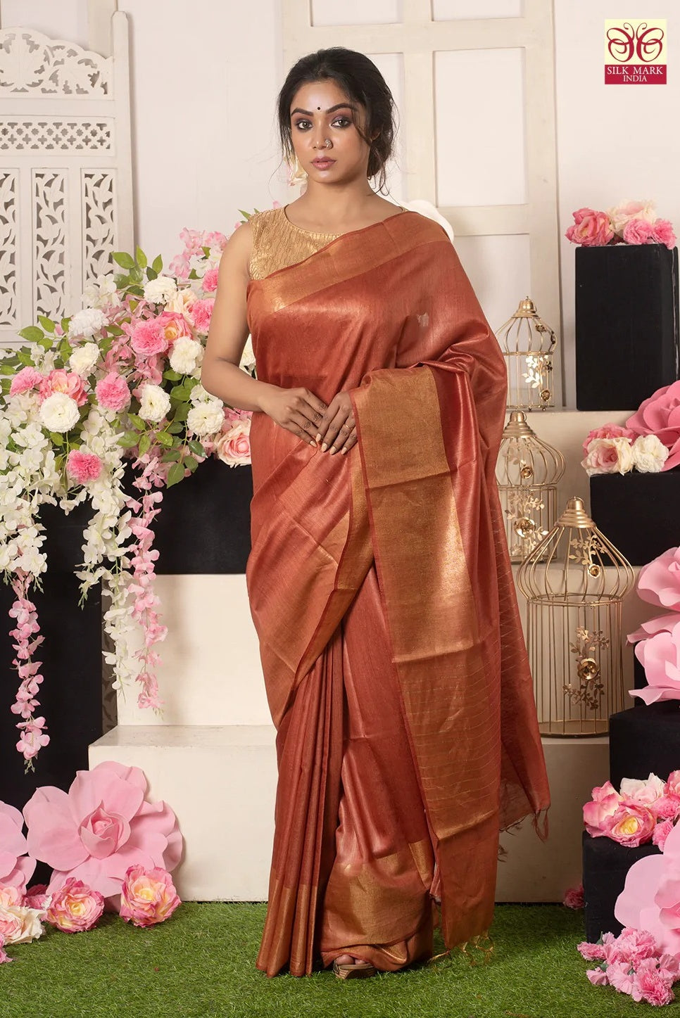 rust orange handwoven tussar muga silk saree - linenworldonline.in