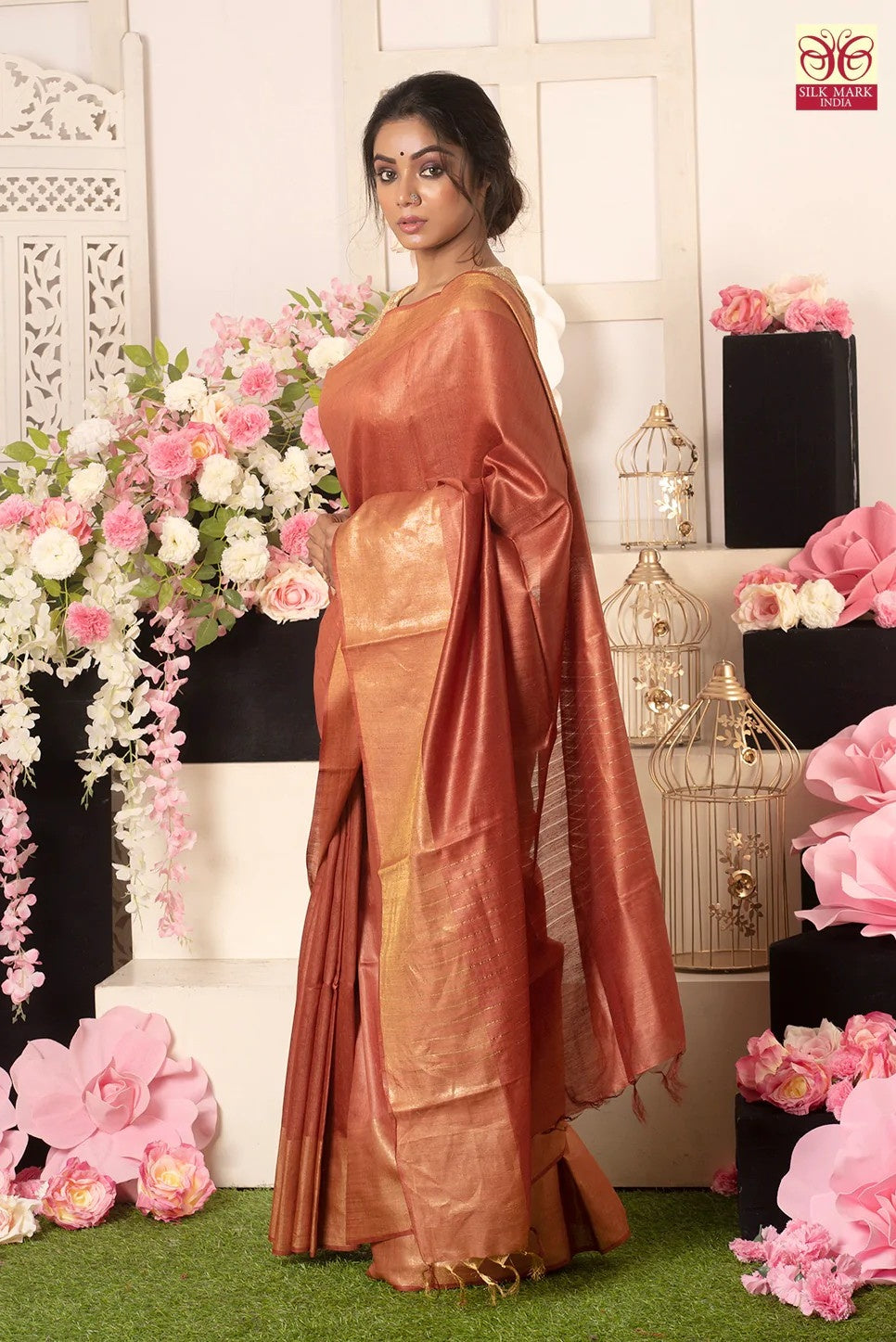 rust orange handwoven tussar muga silk saree - linenworldonline.in