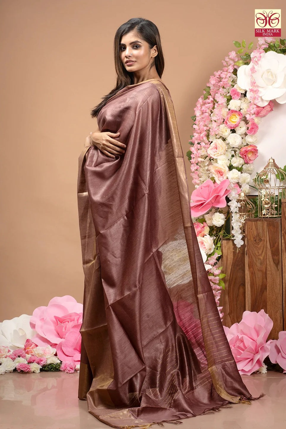coffee brown handwoven tussar muga silk saree - linenworldonline.in