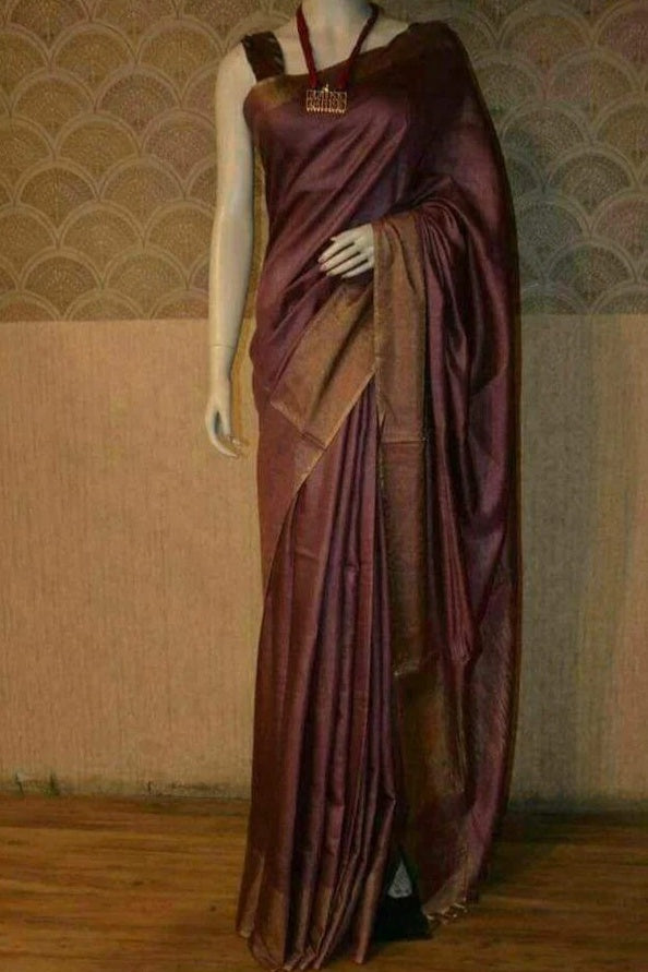 wine handwoven tussar muga silk saree - linenworldonline.in