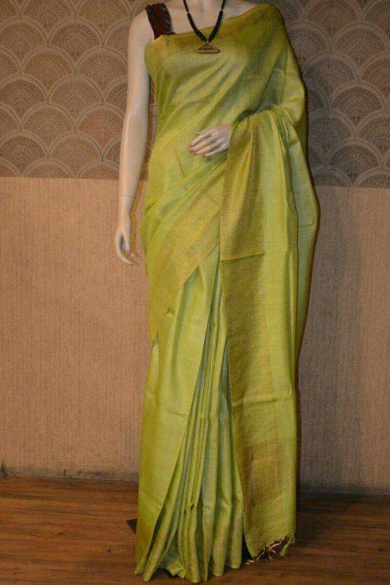 lime green handwoven tussar muga silk saree - linenworldonline.in