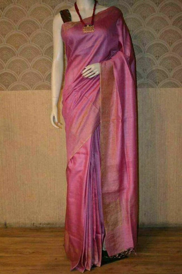 pink handwoven tussar muga silk saree - linenworldonline.in