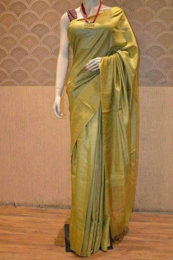 chartreuse green handwoven tussar muga silk saree - linenworldonline.in