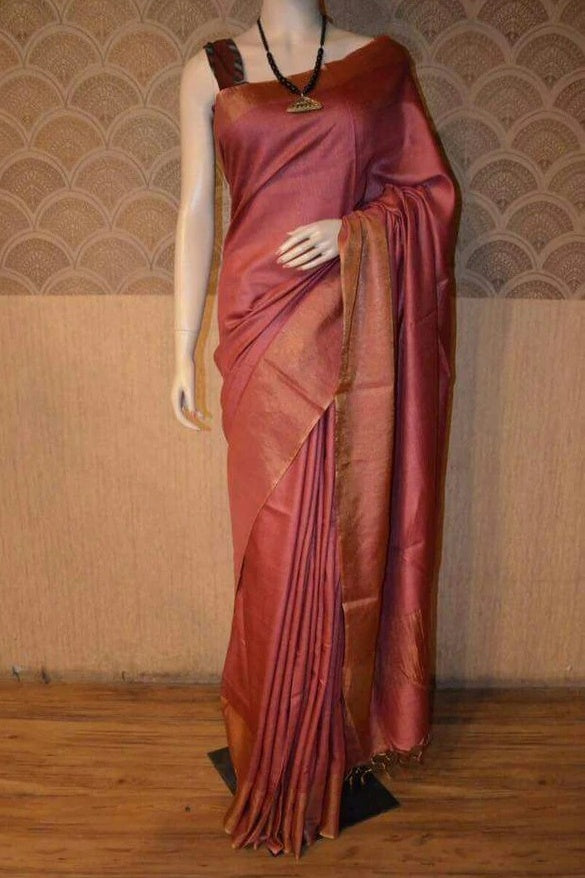 wine berry handwoven tussar muga silk saree - linenworldonline.in