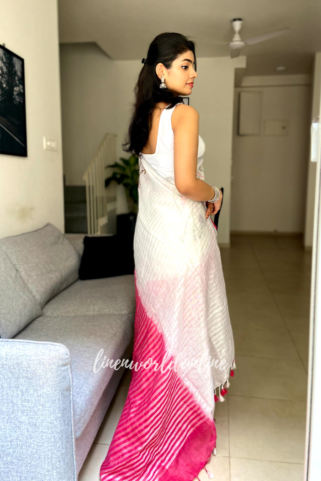 kavya - french knot embroidered linen saree - linenworldonline.in