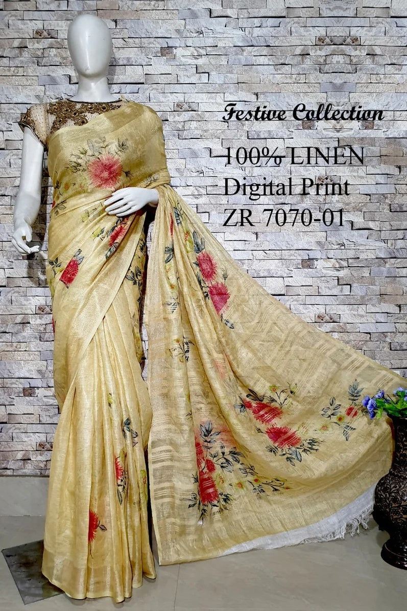 vanilla digital printed handloom pure linen saree - linenworldonline.in