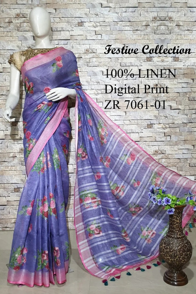 purple digital printed handloom pure linen saree - linenworldonline.in