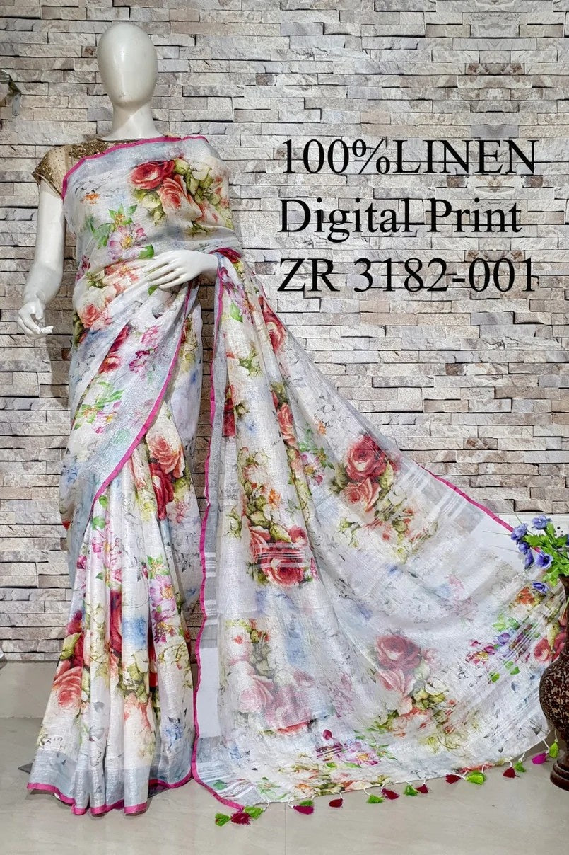 white digital printed handloom pure linen saree - linenworldonline.in