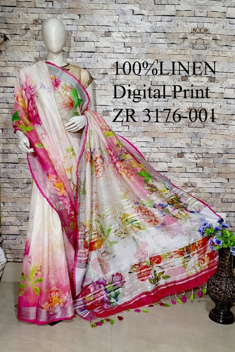 off white floral digital printed handloom pure linen saree - linenworldonline.in