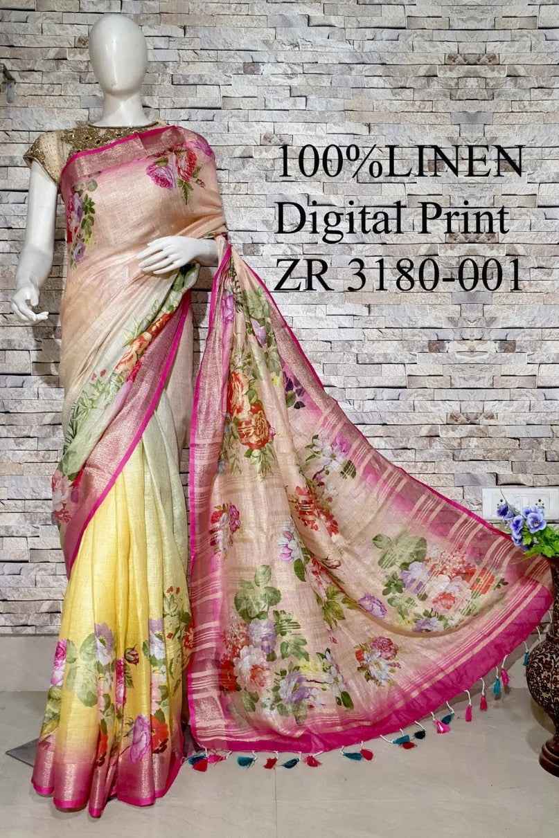 peach yellow floral digital printed handloom pure linen saree - linenworldonline.in
