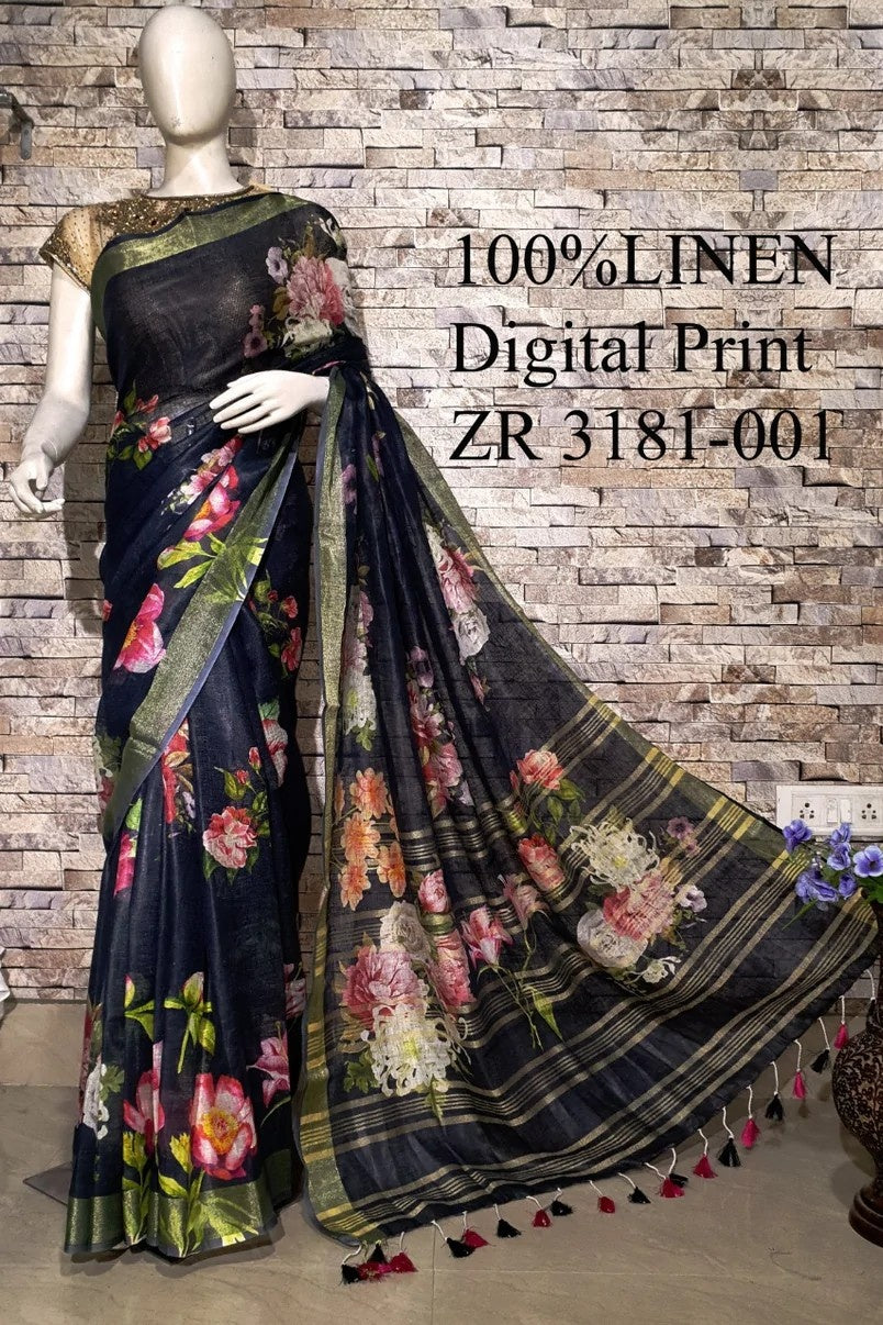black digital printed handloom pure linen saree - linenworldonline.in