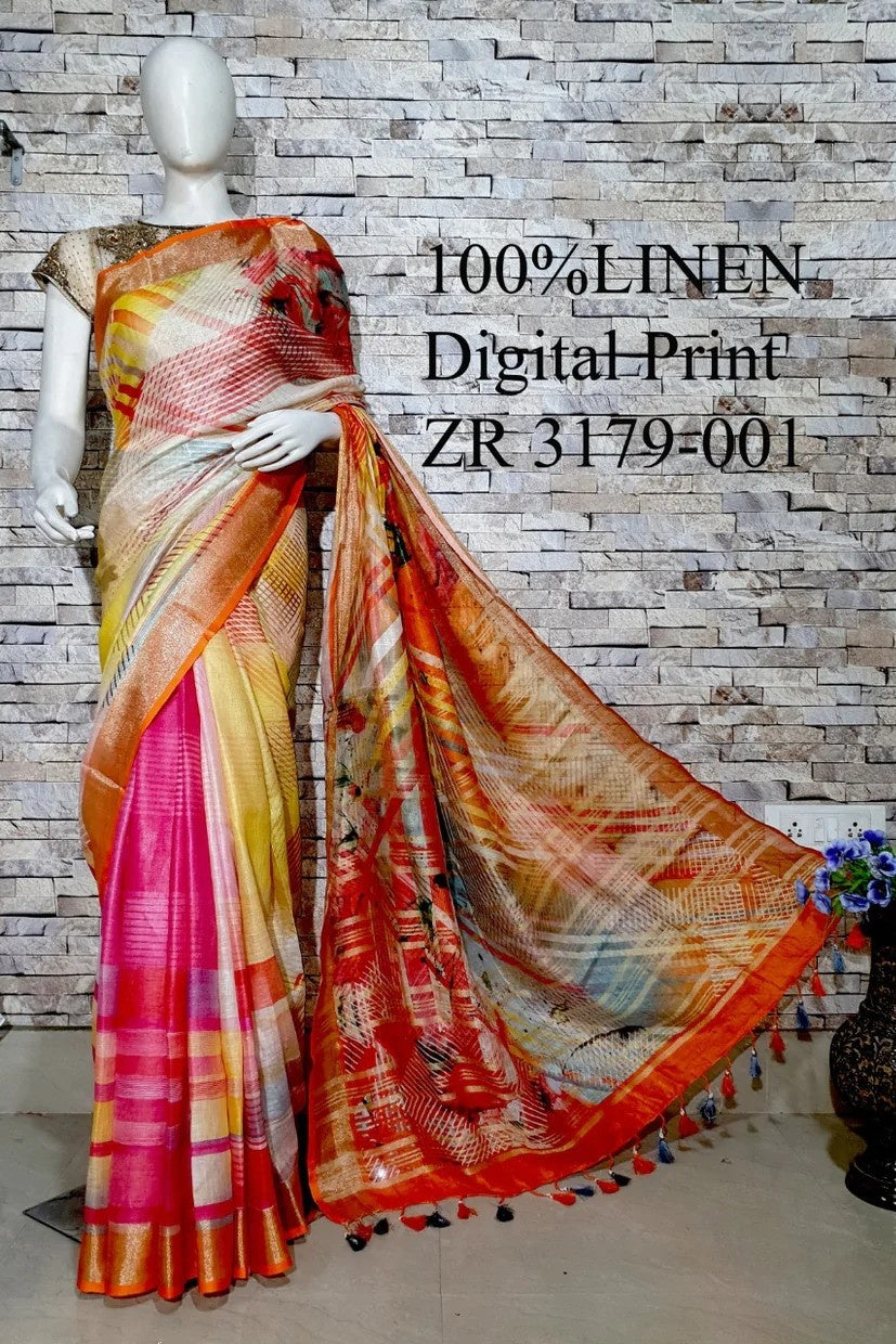 orange digital printed handloom pure linen saree - linenworldonline.in