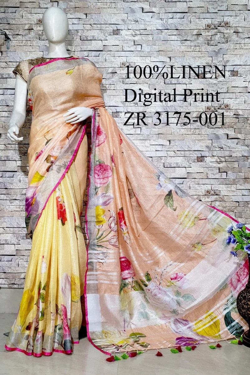 peach floral digital printed handloom pure linen saree - linenworldonline.in