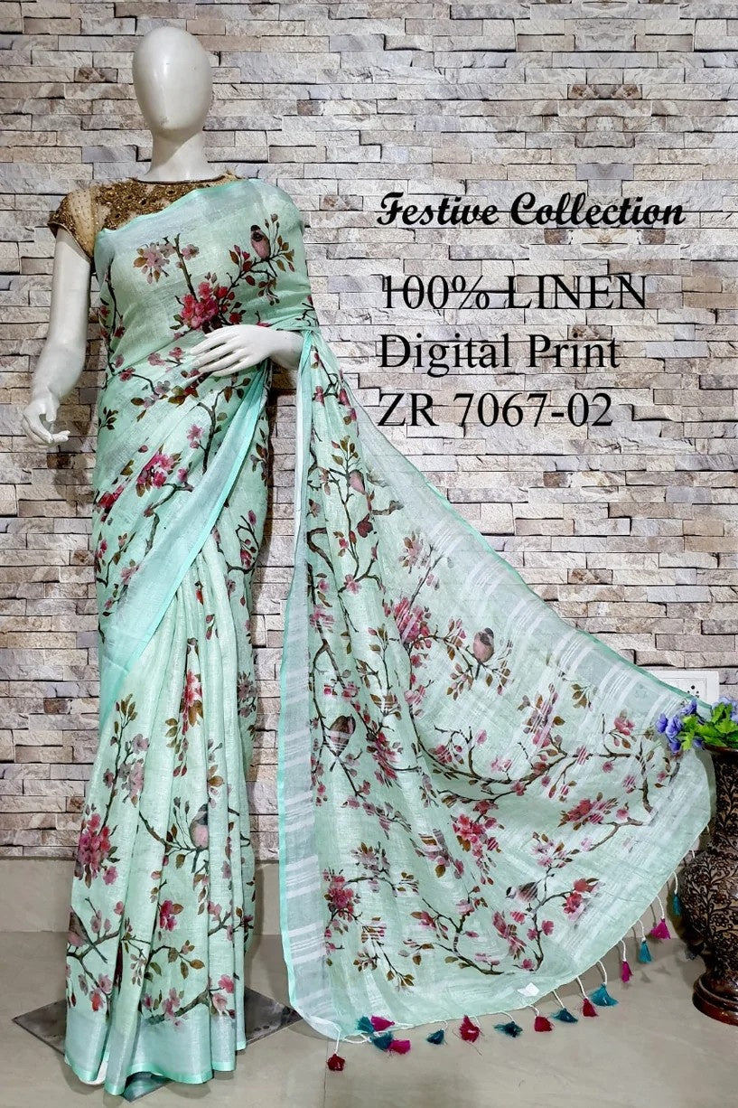 birds on the twig digital printed handloom pure linen saree - linenworldonline.in