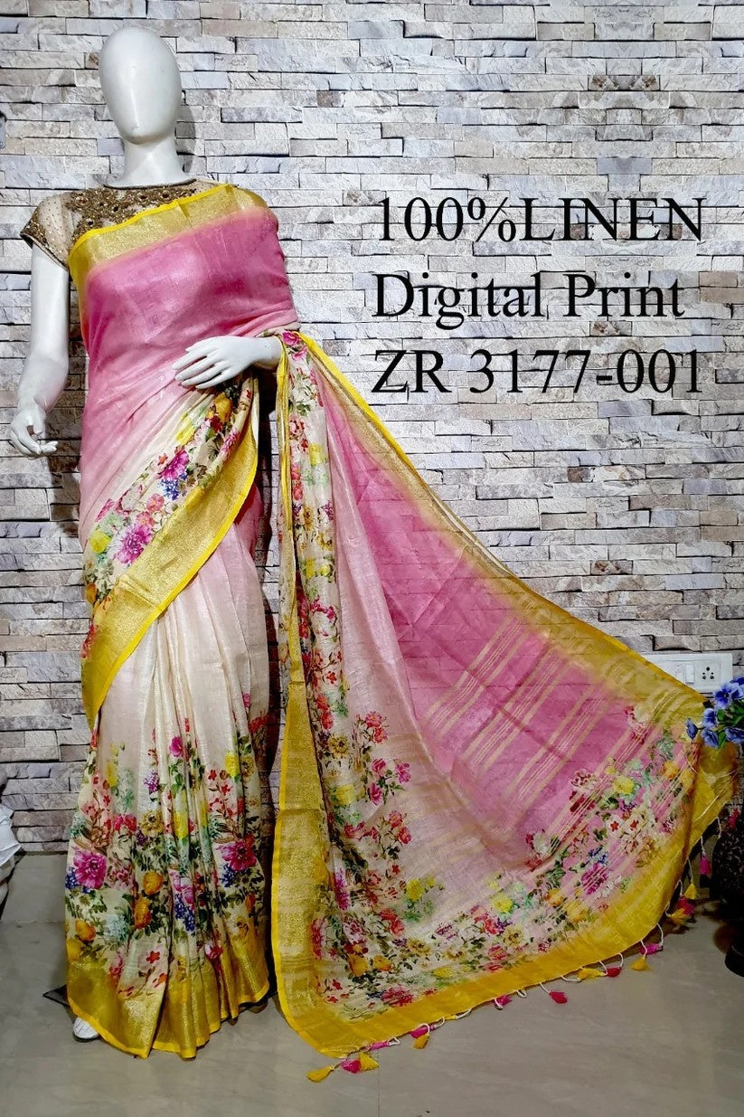 pink digital printed handloom pure linen saree - linenworldonline.in