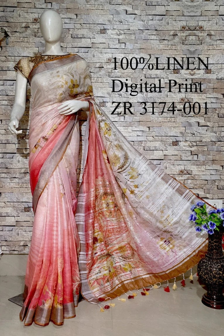 peach digital printed handloom pure linen saree - linenworldonline.in