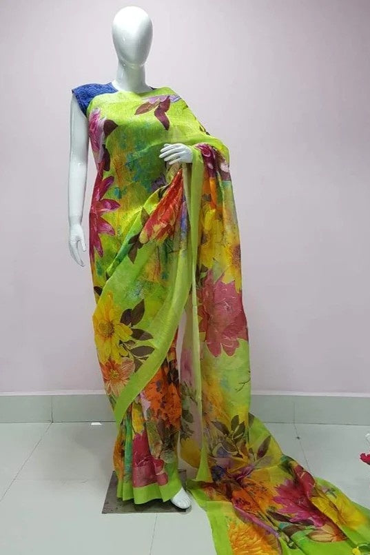 lime green floral digital printed handloom silk linen saree - linenworldonline.in