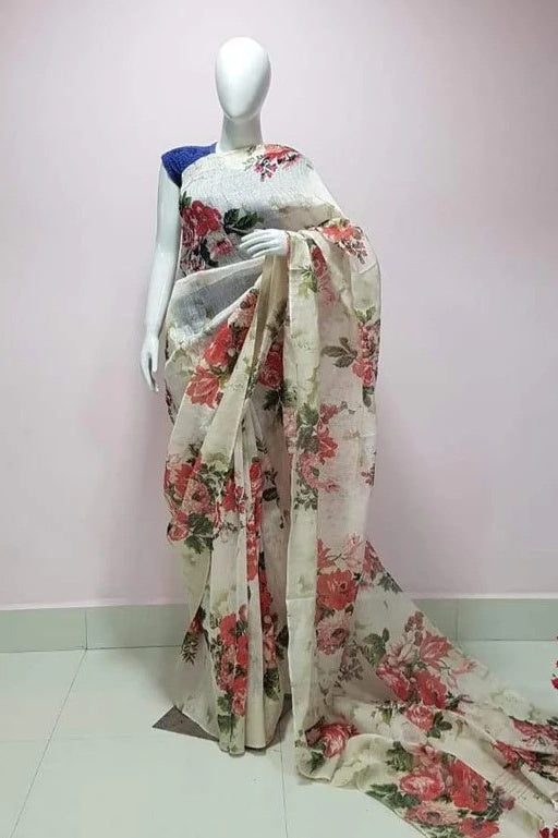 cream digital printed handloom silk linen saree - linenworldonline.in