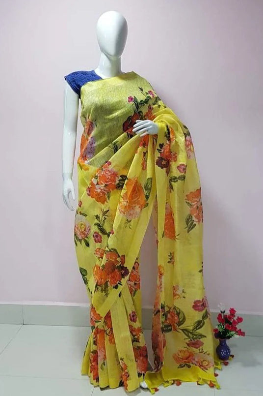 yellow digital printed handloom silk linen saree - linenworldonline.in
