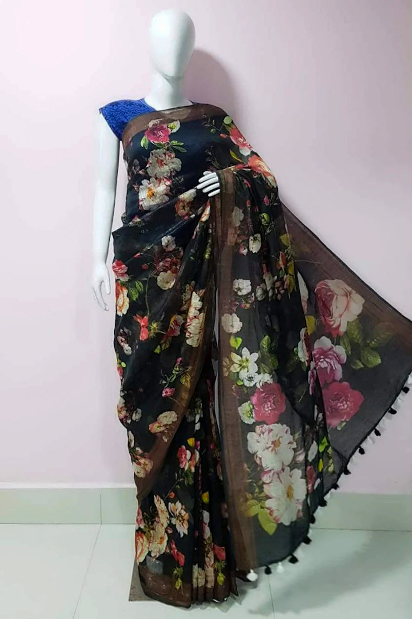 black digital printed handloom silk linen saree - linenworldonline.in