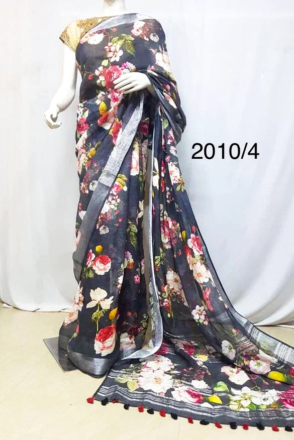 black floral digital printed handloom pure linen saree - linenworldonline.in