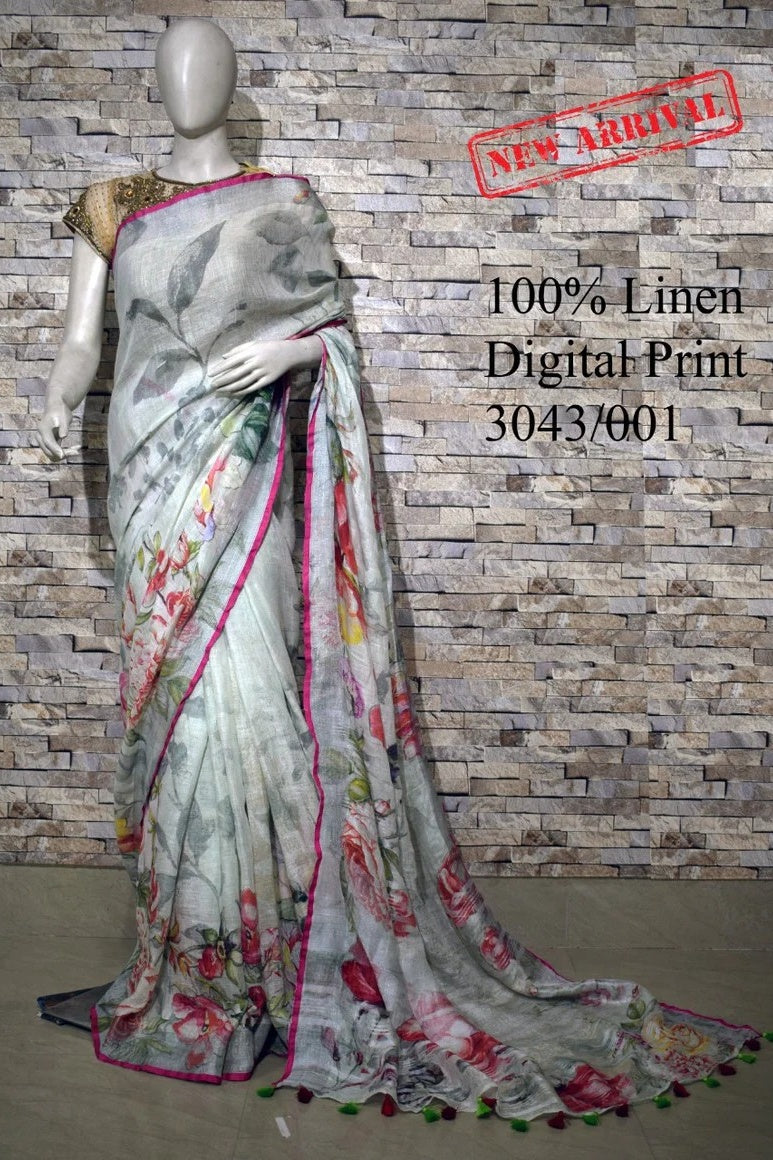 grey digital printed handloom pure linen saree - linenworldonline.in
