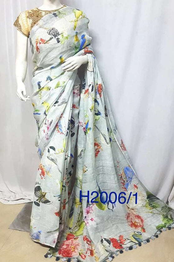 cloud grey digital printed handloom pure linen saree - linenworldonline.in