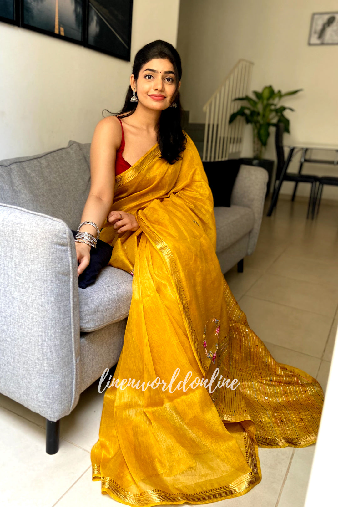 mustard yellow embroidered french knot silk linen saree - linenworldonline.in