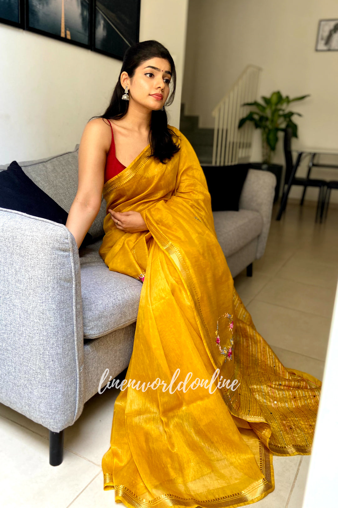 mustard yellow embroidered french knot silk linen saree - linenworldonline.in